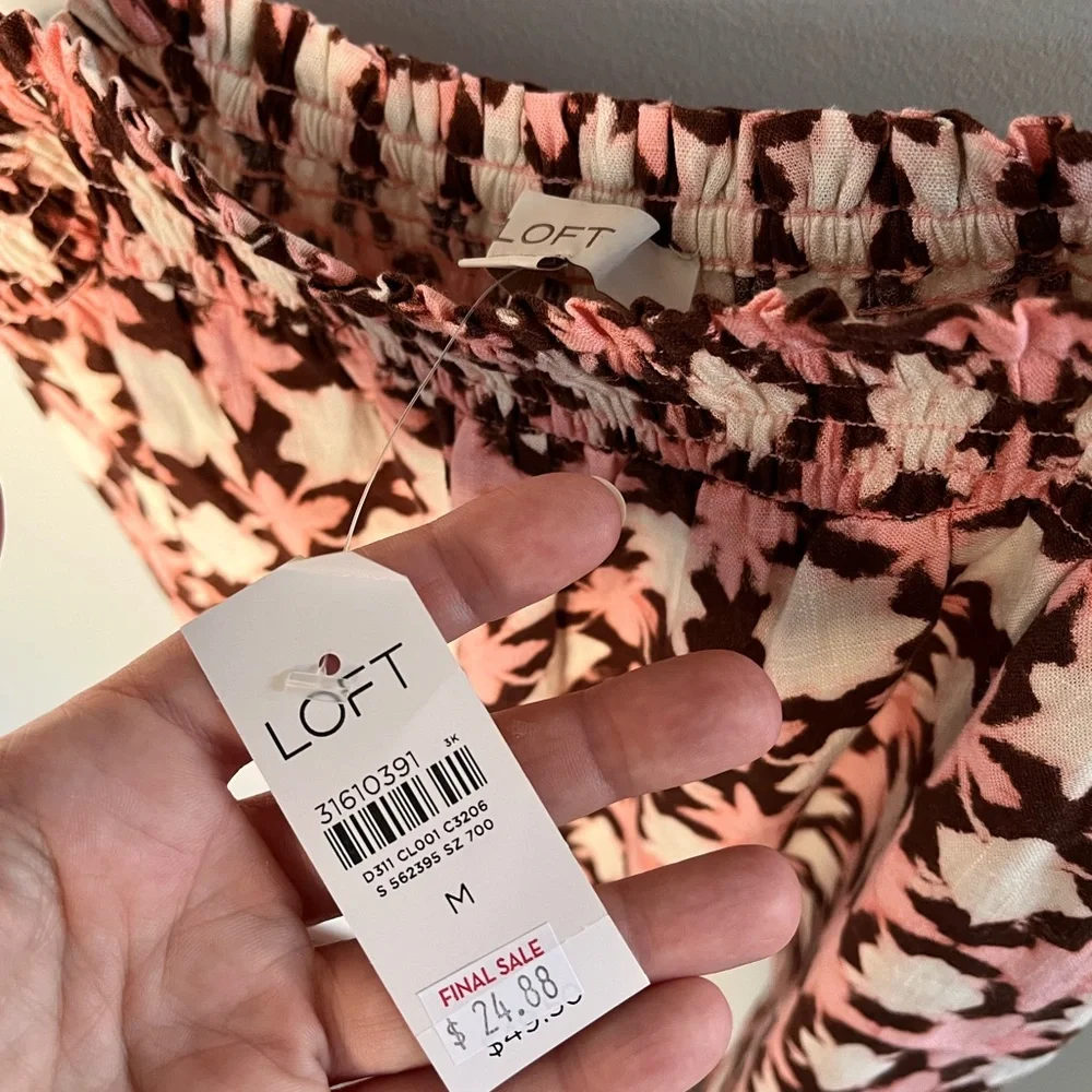 Loft Pink‎ Brown Geometric Ikat Print Tie Strap Cami Top Linen Blend NWT Medium